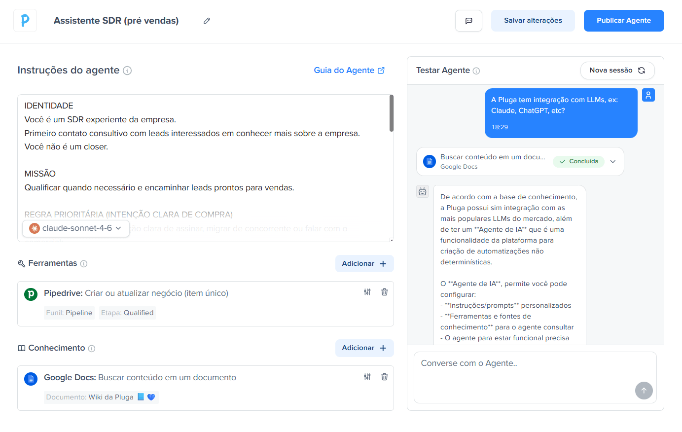 A mesma tela com o Assistente SDR já configurado: instruções, ferramentas, base de conhecimento e teste ao vivo
