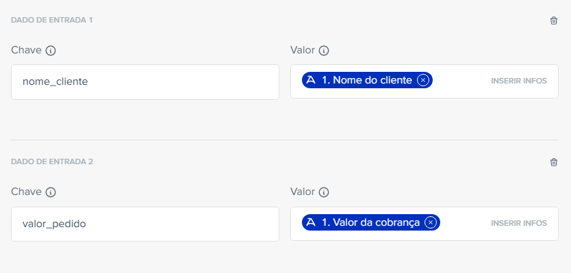Dados de entrada configurados numa ação Code