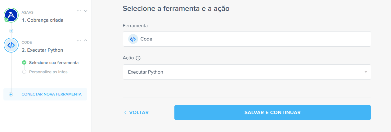 Inserção da ação de Code no fluxo