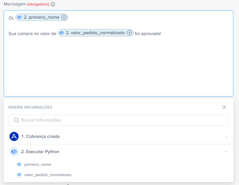 Atributos de saída do Code sendo mapeados na etapa seguinte