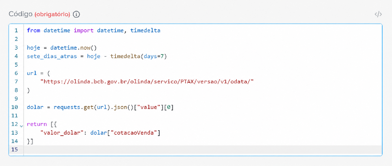 Script escrito no editor de código do gatilho