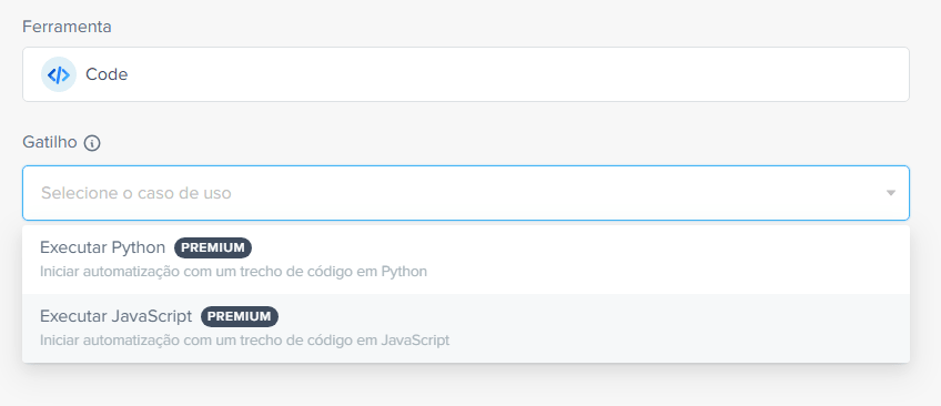 Seleção do gatilho de Code no builder