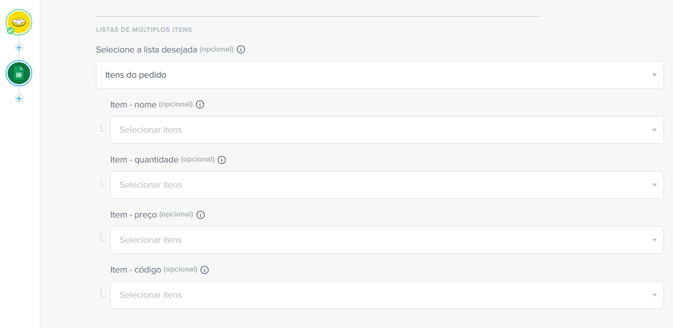 Tela de mapeamento de listas de múltiplos itens para o Google Sheets
