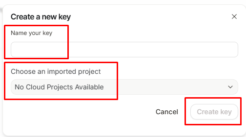 Modal de criação de API Key do Gemini com campos de nome e seleção de projeto