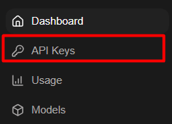 Menu lateral do portal da xAI com a seção API Keys destacada