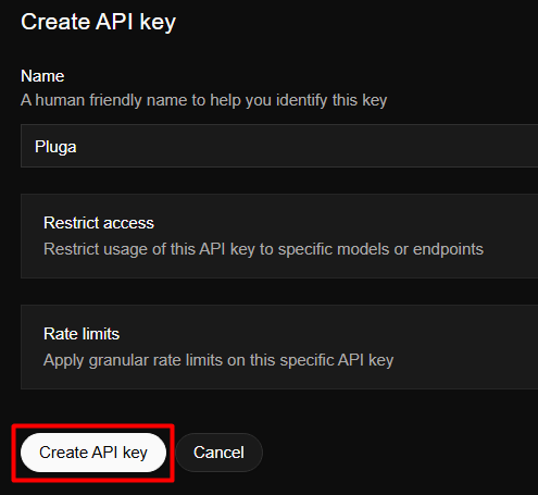 Modal de criação de API Key da xAI com campo de nome preenchido